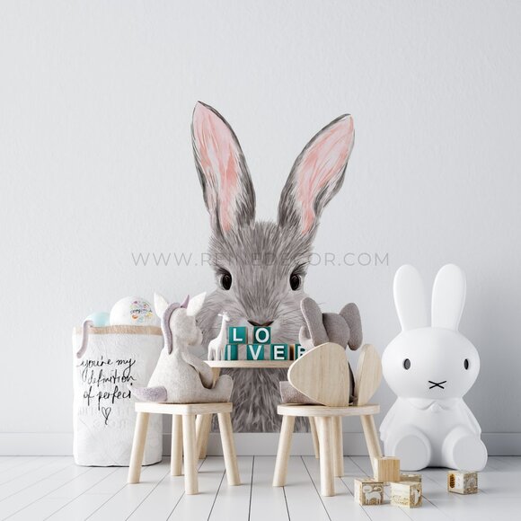 Grey Bunny Rabbit Kids Room Wallpaper | Adorable Animal Wallpaper - Picture 4 of 9